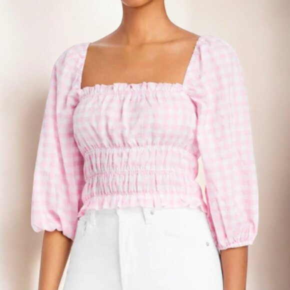 NWT CHARLIE HOLIDAY BOHEME OFF THE SHOULDER CHECKERED PEASANT TOP - Picture 2 of 3